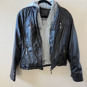 Black Faux Leather Jacket with Gray Hoodie
